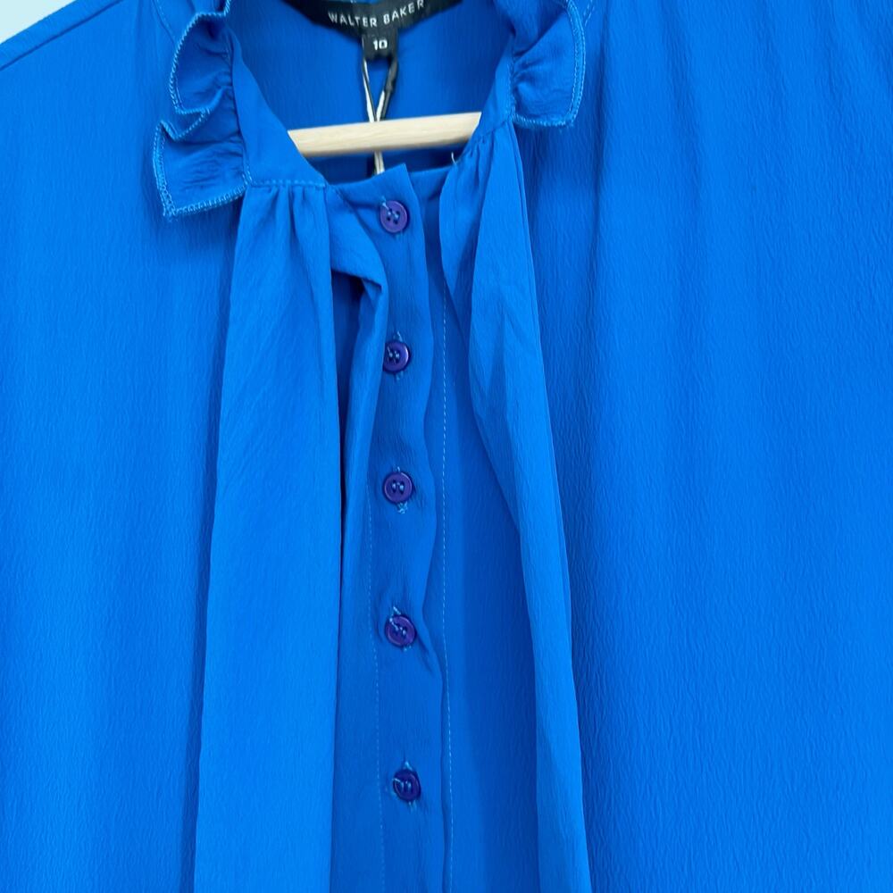 Walter Baker Sammy Dress NEW Womens 10 Blue Crepe Neck Tie Bow Midi Short Sleeve - Picture 3 of 10